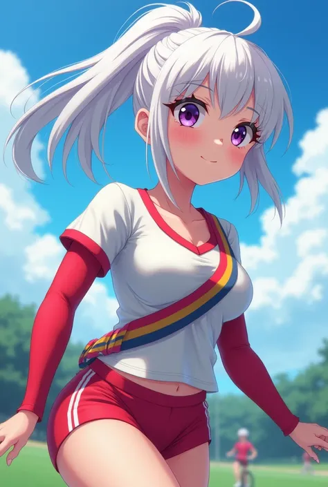 HD、Animation style、white hair 、Purple Eyes、girl、plump breasts 、High school student 、single ponytail、Baseball player、Light color short sleeve top、Long sleeve red underwear、Good shape、Thin、sash、Sky、cloud、sunny、Cycling