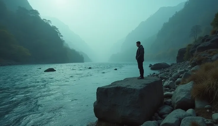 There is a man standing on a rock next to a river., beautiful cinematography, amazing cinematography, widescreen cinematic shot, still from denis villeneuve&#39;s film, Stunning cinematography, Color images, Assorted color, cinematic color grading, 4k film...