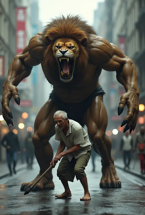 Half human half lion attacking a skinny and sick old man in the middle of the city 