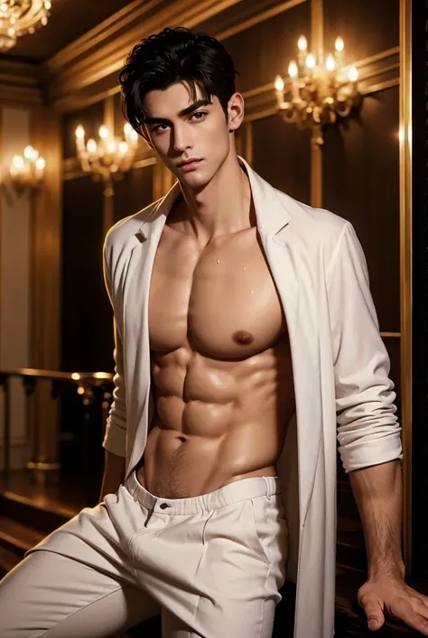 A strikingly tall handsome prince with a lean, muscular physique stands confidently on a grand marble staircase, beautiful detailed eyes, beautiful detailed lips, extremely detailed eyes and face, smooth skin, a hot glow in his skin, perfect bare body, nud...