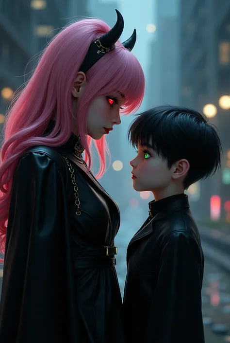 On one side a vampire with long pink hair and bangs, red eyes with a black leather outfit in the dark night of the city and on the other side a young boy with black hair and green eyes. 