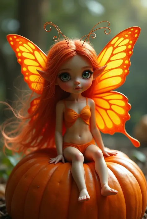 hyper realistic orange Faerie princess about 6 inches tall with orange butterfly wings, long, dressed scantilly, flowing red hair, sitting on a large pumpkin