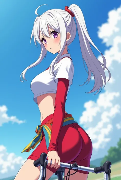 HD、Animation style、white hair 、Purple Eyes、girl、plump breasts 、High school student 、single ponytail、Baseball player、Light color short sleeve top、Long sleeve red underwear、Good shape、Thin、sash、Sky、cloud、sunny、Cycling