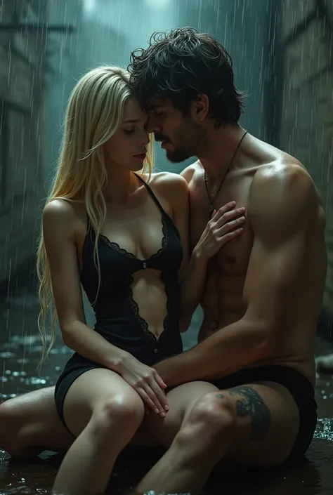 skinny teen 14yr blonde  Sexy Slip Dress, Solid Color Patchwork Lace Sleeveless Hollow-Out Backless Spaghetti Strap Mini Dress eyes in camera deep cleavage sit in old man side lap , bare thighs , his hand hold her boobs  , old man in underwear  rain soaked...