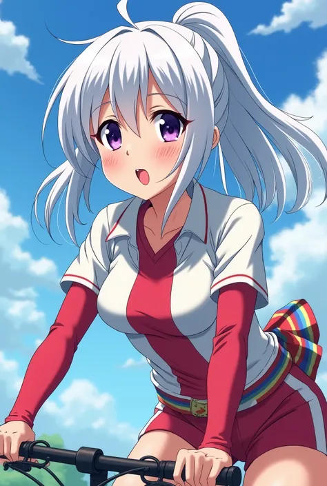 HD、Animation style、white hair 、Purple Eyes、girl、plump breasts 、High school student 、single ponytail、Baseball player、Light color short sleeve top、Long sleeve red underwear、Good shape、Thin、sash、Sky、cloud、sunny、Cycling