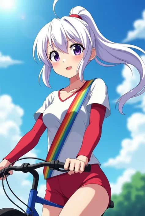 HD、Animation style、white hair 、Purple Eyes、girl、plump breasts 、High school student 、single ponytail、Baseball player、Light color short sleeve top、Long sleeve red underwear、Good shape、Thin、sash、Sky、cloud、sunny、Cycling