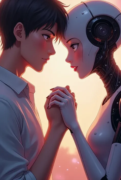 Mans hand holding a female robots hand romantically. Anime.