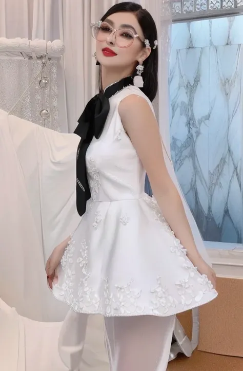 araffe wearing a vestido blanco and black tie and glasses, nico wearing a vestido blanco, wearing a cute vestido blanco, wearing vestido blanco, wearing a vestido blanco, vestido blanco, Lalisa Manobal, en un vestido, bella delfina, wearing along vestido b...