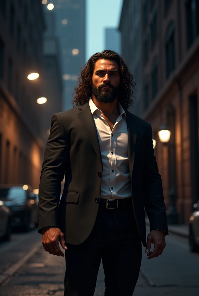 male, Muscle, brown skin, long curly brown hair, dark suit pants, black blazer with white shirt&#39;interior, City background, Night, in a dark alley, realistic, 8k, Unreal engine, very detailed, Octane rendering,