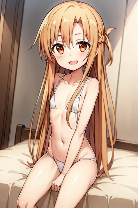 ((Highest quality)), ((masterpiece)), (be familiar with), Perfect Face, indoor, Bedroom, Watching the audience,
One woman, Yuuki Asuna,
Open Mouth, Ecstatic expression, blush, smile,
Small breasts, Flat Chest, , , child, Girl,
Long Hair, Long Hair,
Leg spr...