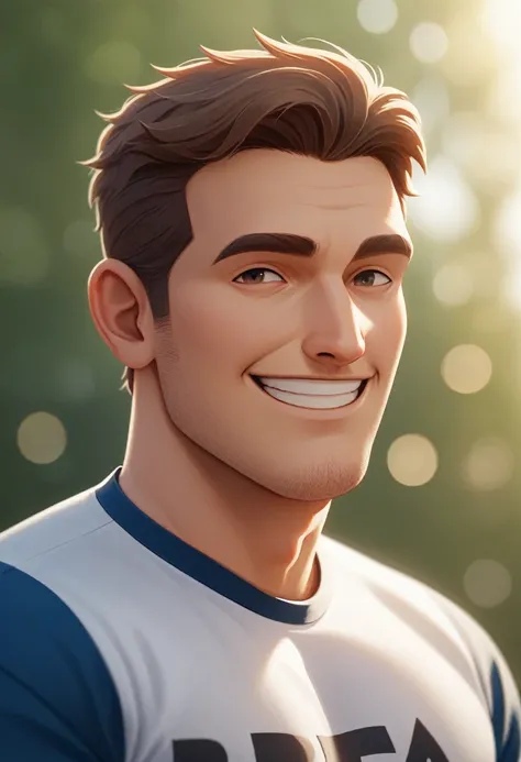 smiling, team shirt, no beard, studio photo, clear photo, 3d character, customization (pixar style)(main part:1.2) (Bokeh) (best quality) (detailed skin) (detailed texture) (8K) ( clay) (cinematic lighting) (sharp focus，Sits and leaks the upper body
man, c...