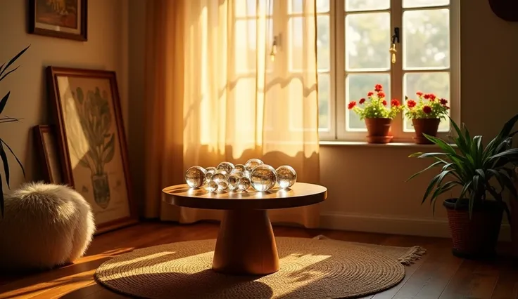 The golden light of the magic hour filters through a sheer curtain into a cozy room with a vintage vibe. a round wooden table, holds a collection of crystal spheres the size of billiard balls , It is placed in the center of a woven rug. Framed artwork lean...