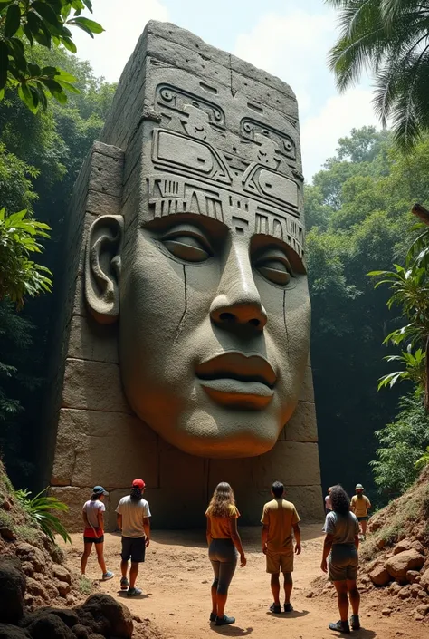 Latin anthropologists unearthing an Olmec head, It has symbols carved into it that allude to futuristic technology
