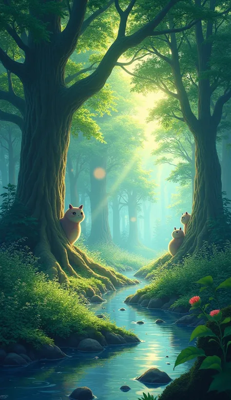 /imagine prompt: Viral anime nature wallpaper in 4K quality, in the style of digital illustration inspired by Hayao Miyazaki, featuring a serene forest with towering ancient trees, dappled sunlight filtering through the leaves, a gentle stream flowing thro...