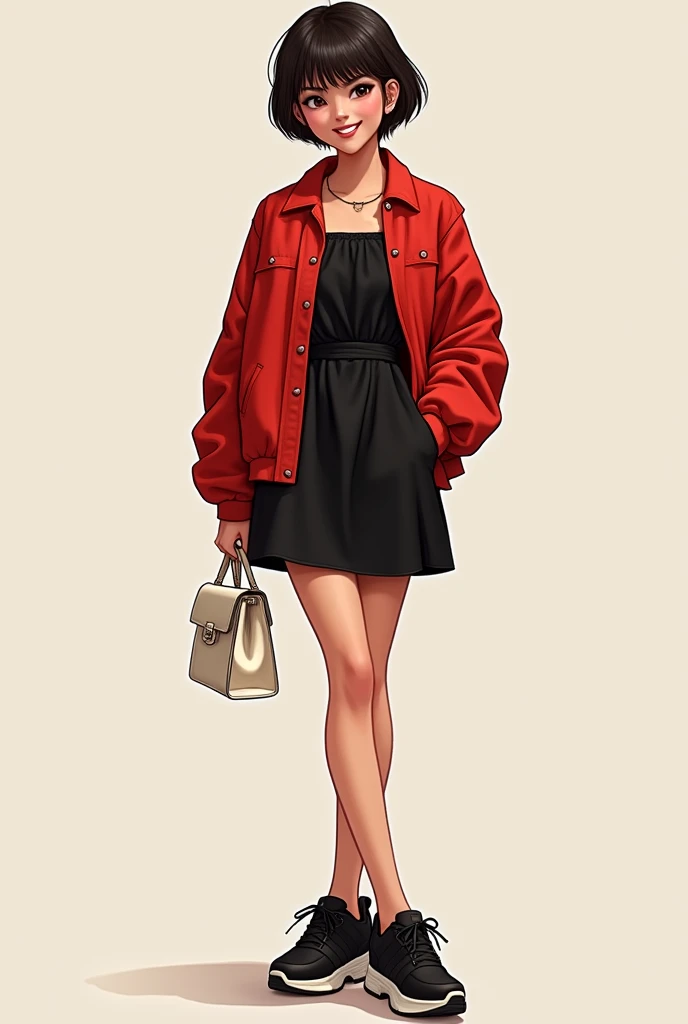 An it girl with a black dress and a red jacket with black sneakers and a short white bag and her short black hair color and a smile on her face 