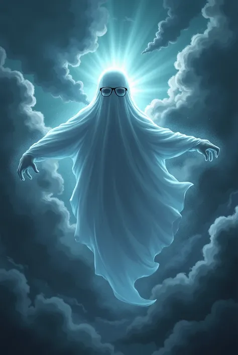 An anime ghost with a hero expression, that flies horizontally, with glasses on the face, dark contrast background, with wind storm, 4K anime style