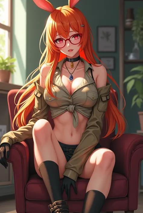 Anime girl genshin
Anime girl
Red glasses, long orange hair, and rizl, rabbit ears, safari -style clothes, high socks, necklaces and boots
Gym girls body, good curves and perfect legs
Sitting, serious, sexy