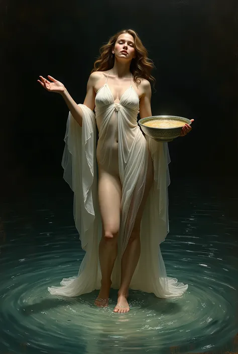 caravaggio lighting; circe; white transparent dress; standing on the water; with arms holding a bowl  falling on the water