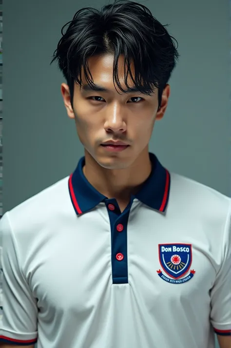 hot korean man in a wet white shirt, it has a dark blue collar, it says don bosco in blue font with red detaohea in the center of the shirt 