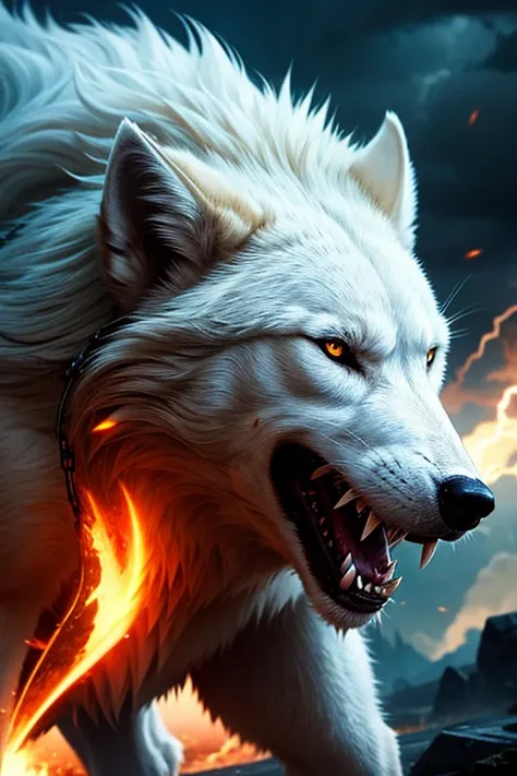 white wolf turns into an overwhelmingly ferocious werebeast、rumbling lightning、dark clouds、heavy downpours、realistic、cinematic c...