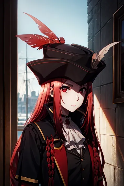 marydef, red hair, red eyes, long hair, looking at viewer, ascot, side braid, hat, black coat, black vest, upper body, portrait,...