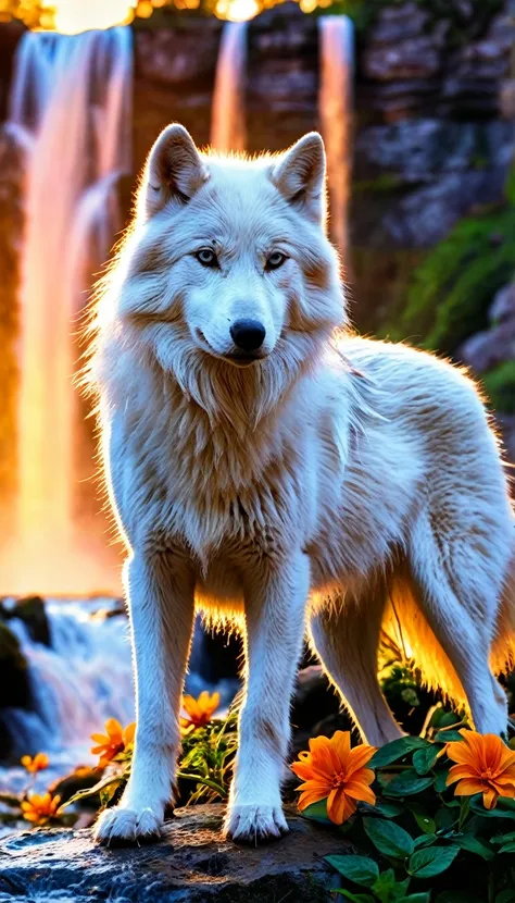 White Wolf, flower, waterfall, sunset, 8k, photo, (best quality, masterpiece), very aesthetic, perfect composition, intricate details, ultra-detailed, vivid colors