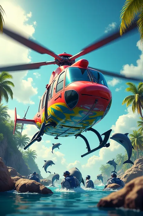 Colorful helicopter with dolphins and crashed police officers 