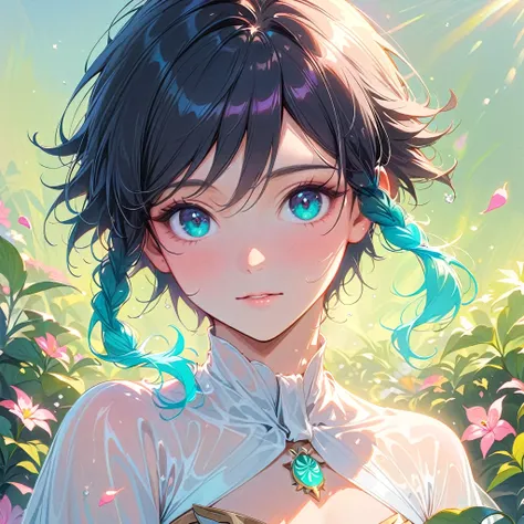 (best quality,4k,8k,highres,masterpiece:1.2),1boy,venti,genshin impact,black hair,ultra-detailed,(realistic:0.25),wearing simple white twist wrap gown,morning of spring,sunlight reflection,intricate details,delicate,pastel color palette,elegant curves,effe...