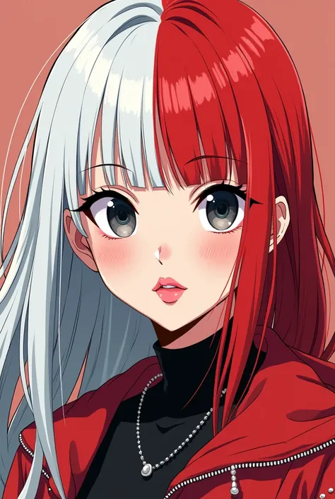 Girl with half white half red hair. lower lip piercing, long hair without bangs, dark eyes, White skin, natural pink plump lips with gloss on top. Drawn in the style of the my hero academia anime manga. Dressed in a 2000s style outfit. Similar to Shoto Tod...