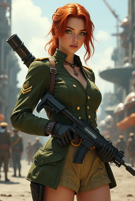 Young female bristish soldier. Wearing victorian uniform. The uniform consists of an olive green victorian top and a khaki miniskirt, and a khaki british pith helmet. Red hair and green eyes, black eyeliner. Black boots. Spaceport background. Standing with...