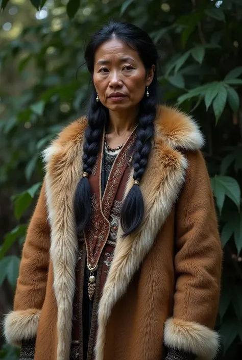 An indigenous woman wearing a coat made of maned wolf skin