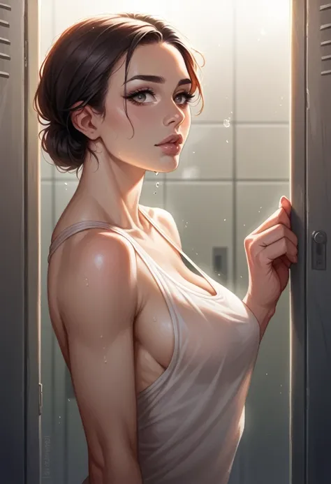 a sexy woman in a locker room, beautiful detailed eyes, beautiful detailed lips, extremely detailed face and skin, long eyelashe...