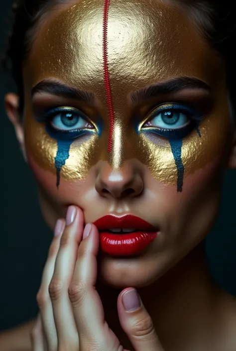 A close-up portrait of a person with dramatic and artistic makeup, creating a surreal and intense visual effect. The face is covered in metallic gold leaf, which is unevenly applied across the forehead, cheeks, and nose, giving a textured, shimmering appea...