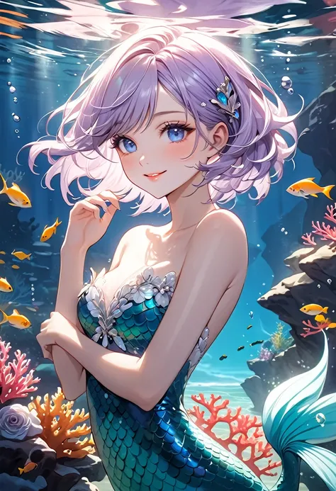 ((best quality)), ((Masterpiece)), (details), Young woman, alone, ( light purple hair, blue eyes, ((short hair)) , beautiful face, Beautiful skin, Long eyelashes, Thick eyelashes), mermaid,(หางmermaid,),fish, fishหลากหลาย, deep underwater, Coral, Diffuse l...