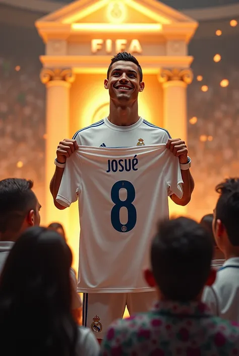 Cristiano Ronaldo holding a Real Madrid shirt with the name "Josué" and the number 8 up at the FIFA altar and everyone happy for Cristiano Ronaldos attitude