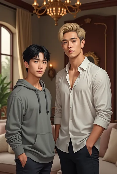 Two male characters, they are about the same age, one blonde one black hair, black hair parted hair 37 and wearing white shirt, the shorter blond guy wearing a grey hoodie, blonde haired person, black hair tall big body 6 pack, They stood in a luxury villa...