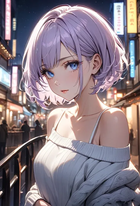 ((best quality)), ((Masterpiece)), (details), Young woman, alone, ( light purple hair, blue eyes, ((short hair)) , beautiful face, Beautiful skin, Long eyelashes, Thick eyelashes), bare shoulders, loose sweater, tights, collarbone, nighttime, city