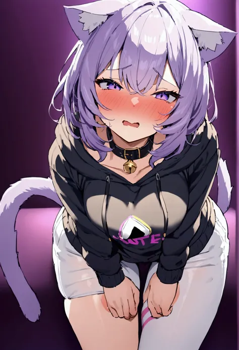 NSFW,masterpiece,Highest quality,High resolution,Very detailed,Cat porridge(Hololive),Purple Hair,Short Hair,Cat ear,tail,Purple Eyes,Bell Collar,Black hoodie、Onigiri Print、asymmetrical legwear、White pants,Lustful face,Embarrassed,blush,Estrus,Nightlife,Lo...