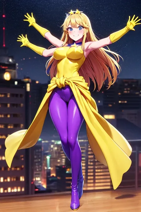 ((best quality)), ((masterpiece)), (detailed), 1 girl, Full body, 1, Smiling face, Blue eyes, Star-shaped tiara, Arms outstretched, Arms behind waist, Blue superhero mask, Blushing, Blonde hair, Straight hair, Long hair, Bangs, Hair ornaments, Star hair or...