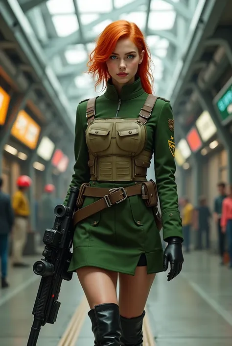 Young female bristish soldier. Wearing green victorian uniform with green miniskirt, and a khaki british pith helmet. Khaki chest  plate armor worn over unirom. Red hair and green eyes, black eyeliner. Black boots. Spaceport background. Standing with leg w...