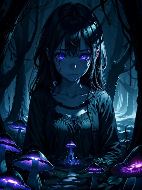 [by junji ito], dark horrorscape, [detailed shadows], [veins], (bioluminescent mushroom forest), 1girl, gigantic cosmic eyes, st...