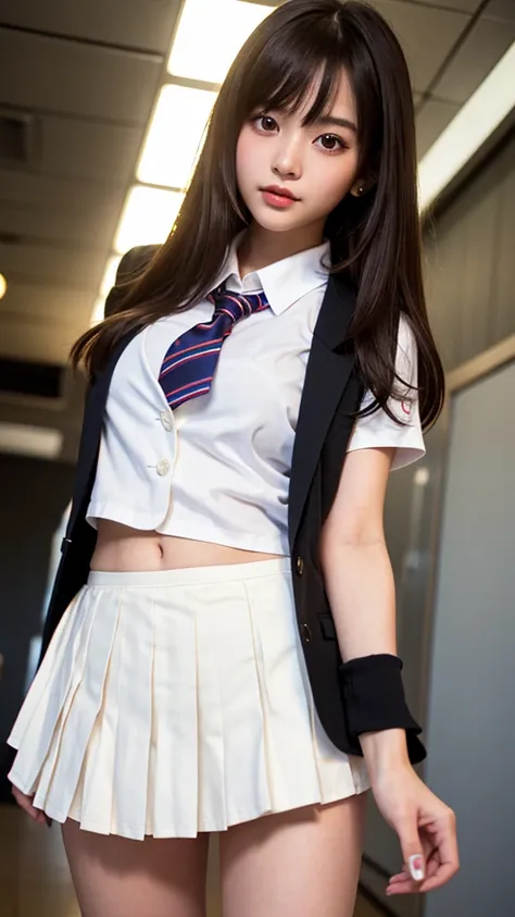 Product quality,1 girl,(Shooting from below:1.4),(Thigh Emphasis:1.4),Young and pretty girl in Japan,Daytime, (High school classroom:1.2),(Short sleeve shirt:1.3),(Schoolgirl uniform:1.3),(blazer:1.3), (White ultra short pleated mini skirt:1.5),(No pants:1...