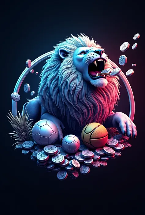 créer un logo rond hyper réaliste et ultra détaillée, Le nom Ze KinG Prono avec le thème sport dans un rendu super réaliste, aux couleurs irisées, dont un lion qui rugit en crachant de l’argent, autour du lion un ballon de foot une balle de tennis et un ba...