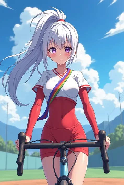 HD、Animation style、white hair 、Purple Eyes、girl、plump breasts 、High school student 、single ponytail、Baseball player、Light color short sleeve top、Long sleeve red underwear、Good shape、Thin、sash、Sky、cloud、sunny、Cycling