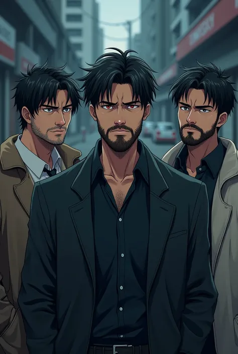 Create an anime of a 3 man tired of work with black hair red eyes full body with beard