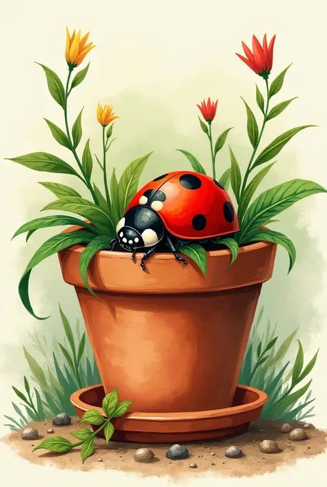 Ladybug resting in a flowerpot, drawn style and 