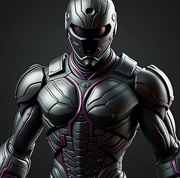 I want a black and purple armor with a glossy finish and raised details that emphasize its strength and durability, without a chest emblem. The armor should have reinforced contours, with ridges that highlight the protective areas. However, the mask feels ...