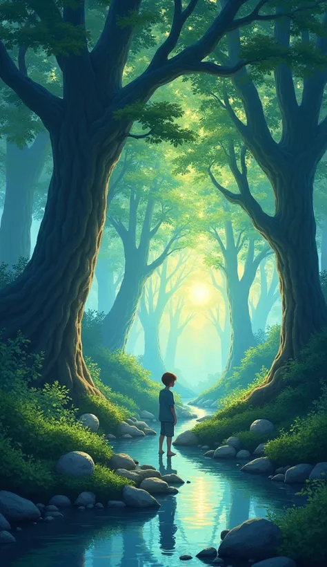 Viral anime nature wallpaper in 4K quality, in the style of digital illustration inspired by Hayao Miyazaki, featuring a serene forest with towering ancient trees, dappled sunlight filtering through the leaves, a gentle stream flowing through the scene, an...