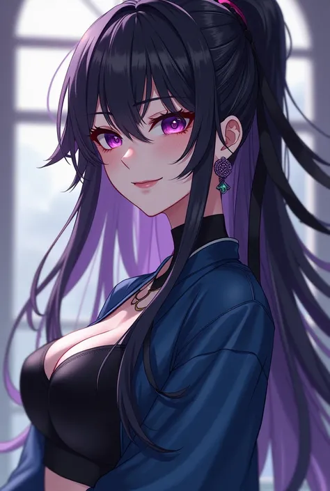 Meiri is a woman of sensual and incredible beauty, She has quite light skin and long, messy black hair with lilac tones., Her hairstyle is practically from the lowest part of her neck, she ties it with a thin, fine ribbon like the samurai used, leaving it ...