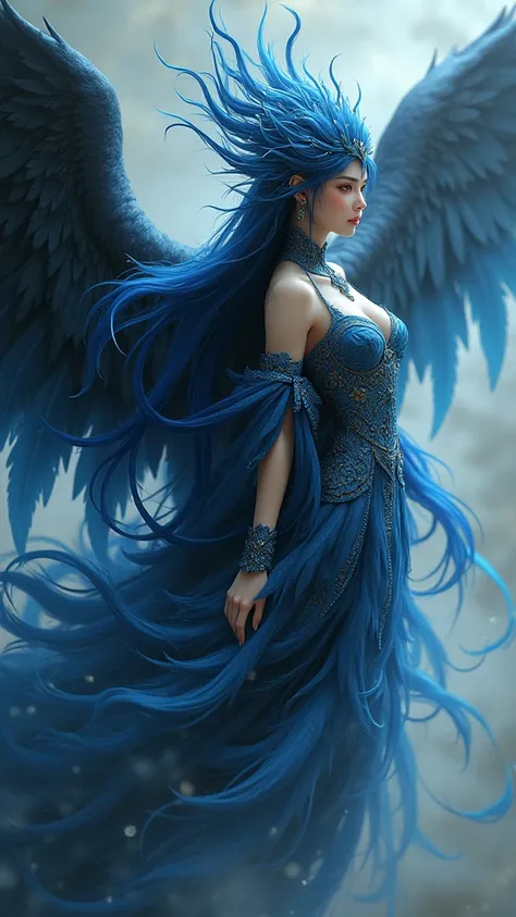 Anthropomorphic, Black Phoenix with Blue Flames Golden-eyed a hermosa mujer japonesa with long blue-black hair wearing neo-Chinese clothing on a curvy body, (XLabs F.2 Realism LoRA V2) 